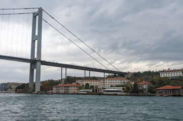 Beautiful view of the Bosphorus and the Bosphorus Bridge in the background on a cloudy day,...