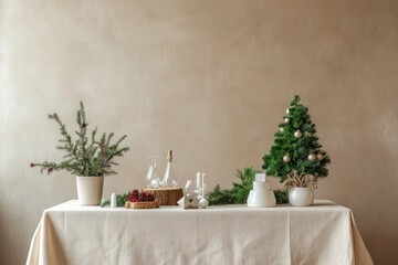 Minimalist Christmas table setting with small tree, branches, and decor.