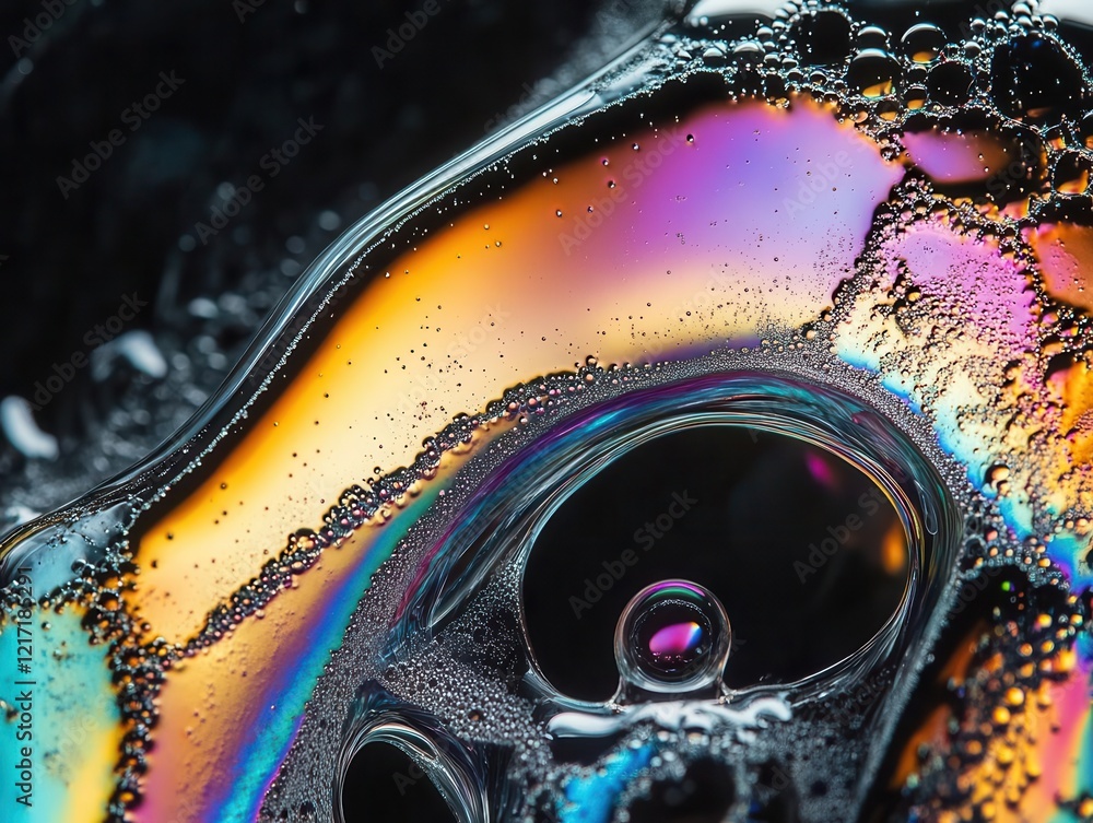 Poster a macro shot of iridescent soap bubbles forming abstract rainbow patterns against a black background