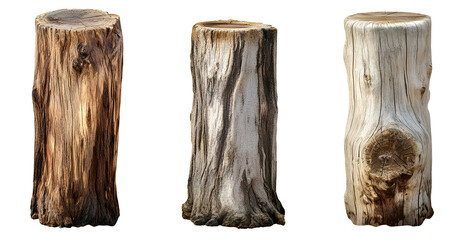 Three different wooden tree trunks isolated on a transparent background, PNG 