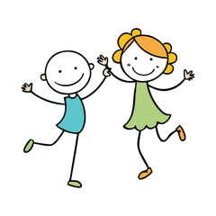 "Adorable stick-figure kids dancing with joy, their arms raised, feet tapping, and smiles beaming, capturing the pure essence of fun and happiness in every move."
