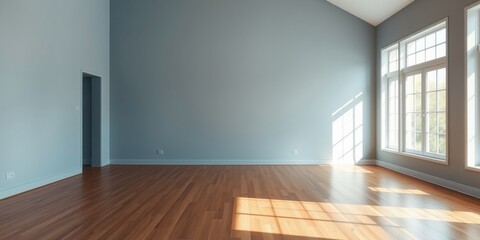 Sunlight streams through large windows into a spacious, empty room with hardwood floors and light blue walls.