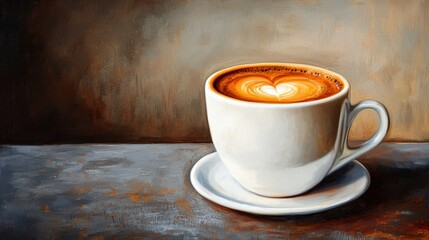 Obraz premium A beautifully crafted latte in a white cup, featuring a heart design atop, set against a textured background that enhances its inviting appearance.