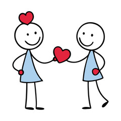 Two stick figures stand facing each other, exchanging hearts with joyful expressions. A simple, heartwarming scene symbolizing love, kindness, and connection.