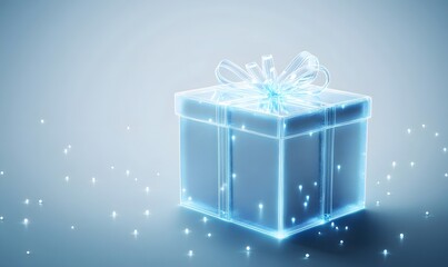 Glowing gift box, studio backdrop, light particles, digital design, advertising