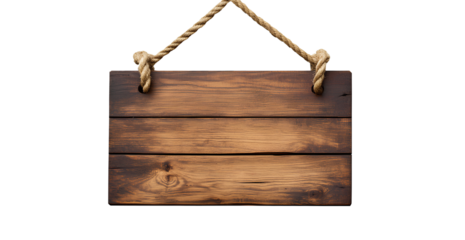  A wooden signboard hanging on a rope against an isolated transparent background, in a PNG