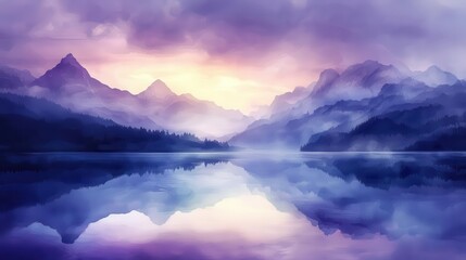 a serene mountain lake at twilight, watercolor-style illustration with misty peaks reflecting in crystal waters, rich purples and deep blues, ethereal atmosphere