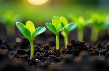 small green plants are growing in the soil. Selective focus, blurred sunny background