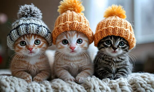 Three Adorable Kittens Wearing Knitted Winter Hats - Cute Cats, Cozy and Warm Winter Animals, Adorable Pet Photography