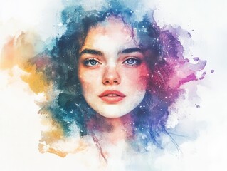 Fototapeta premium abstract portrait of woman's face dissolving into vibrant watercolor splashes, representing inner peace and emotional wellness, ethereal light effects