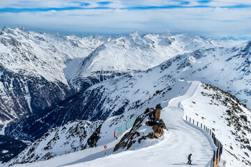 Ski slope on the Gaislochkogel with summit cross. S&ouml;lden ski area, &Ouml;tztal, Austria
