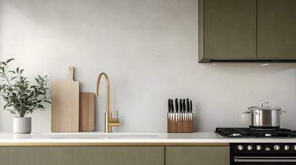 Modern Kitchen with Olive-Green Cabinets, Gold Handles, Sleek White Countertop, Light Gray Backsplash, Gold Faucet, and Stainless Steel Pan on Gas Stove, Minimalist and Elegant Design