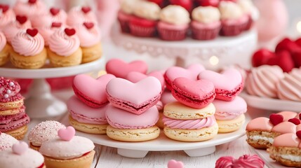 Fototapeta premium Charming Valentine's Day Bakery Display with Heart-Shaped Pastries and Treats in Soft Pink and Red