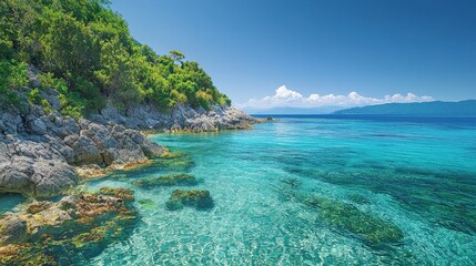 Fototapeta premium A stunning coastal view featuring clear turquoise waters, rocky shores, and lush greenery under a bright blue sky.
