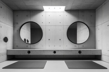 Minimalist concrete room with circular mirrors and yoga mats.