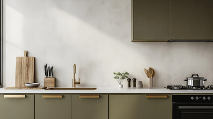 Modern Kitchen with Olive-Green Cabinets, Gold Handles, Sleek White Countertop, Light Gray Backsplash, Gold Faucet, and Stainless Steel Pan on Gas Stove, Minimalist and Elegant Design