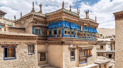Obraz premium close-up of intricate carvings on Tibetan architecture, showcasing detailed woodwork and vibrant colors on a traditional building. Tibetan architecture 