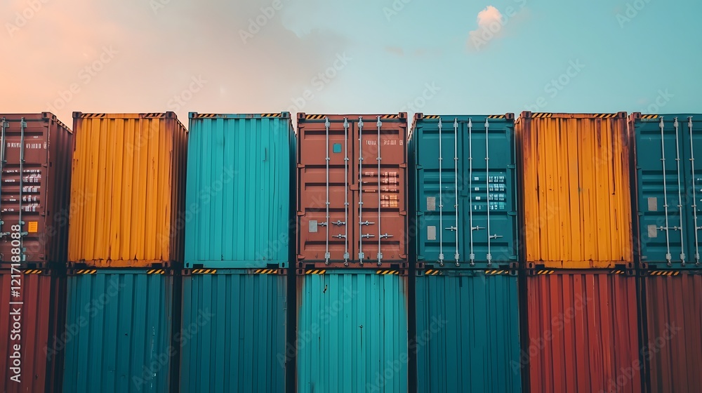 Poster stacks of colorful shipping containers at sunset in a port terminal