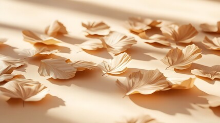 Fototapeta premium Warm Beige Leaves Lying on Surface for Autumn Aesthetic Decoration