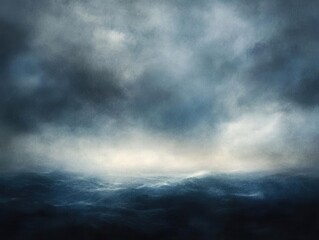 Obraz premium atmospheric stormy skyscape, layered dark clouds, mysterious fog effects, deep blue tones, ethereal light rays breaking through