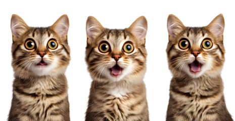 Three cats with surprised expressions isolated on a transparent background, PNG