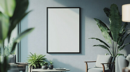 Grey meeting interior two armchairs and coffee table, art decoration. window and carpet on hardwood floor. Mock up canvas poster. 3D rendering.
