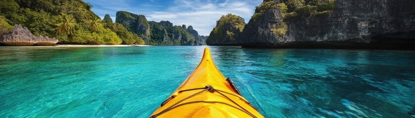 Obraz premium A kayak gliding through clear turquoise waters in a serene landscape.