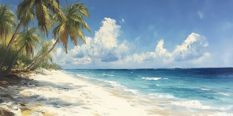 Fototapeta premium Stunning Tropical Beach Paradise with Palm Trees and Clear Blue Waters, Perfect Summer Getaway Destination, Pristine Sandy Beaches Under Vibrant Blue Sky