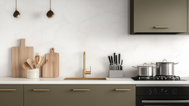 Modern Kitchen with Olive-Green Cabinets, Gold Handles, Sleek White Countertop, Light Gray Backsplash, Gold Faucet, and Stainless Steel Pan on Gas Stove, Minimalist and Elegant Design