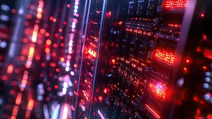 A brightly lit server room featuring rows of high-tech servers illuminated by colorful LED lights.