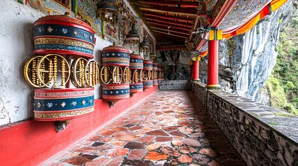 Fototapeta premium detailed photo of Tibetan prayer wheels mounted along the walls of a sacred site, with the architecture beautifully blending into the natural surroundings. Tibetan architecture 
