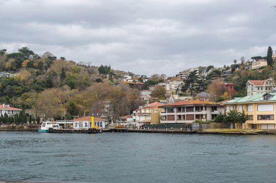 Kandilli village waterfront buildings at Bosphorus, Asian side at Uskudar district, Istanbul, Turkey. Clousy day