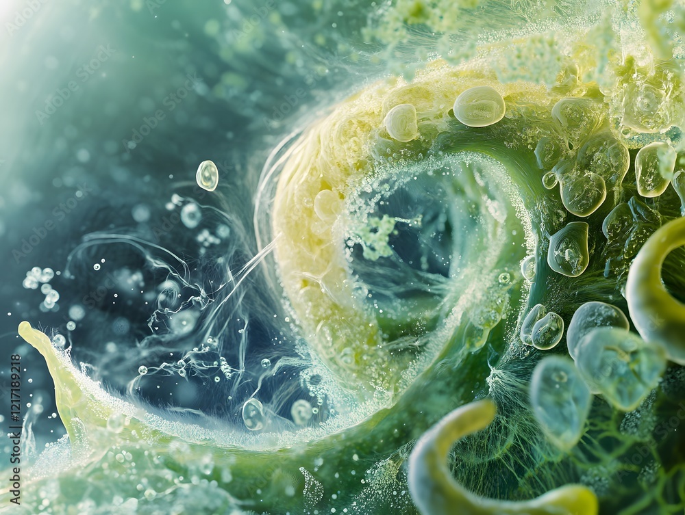 Poster Abstract close-up of a vibrant green wave with bubbles and intricate details conveying motion and fluidity, symbolizing nature's beauty and complexity in an artistic interpretation