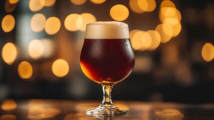 artisanal beer cascading into frosted glass, rich amber tones, perfect foam head, warm pub lighting creating bokeh effect