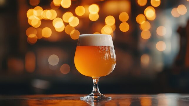 artisanal beer cascading into frosted glass, rich amber tones, perfect foam head, warm pub lighting creating bokeh effect