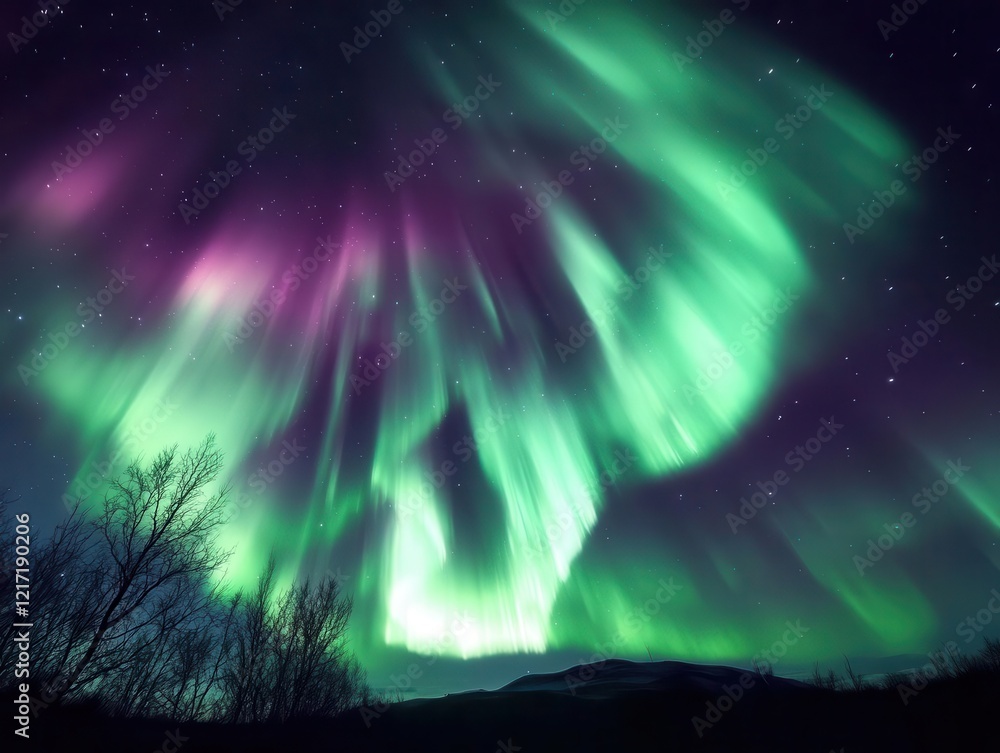 Poster ethereal aurora borealis merging with cosmic nebulae, creating dimensional portals across space and 