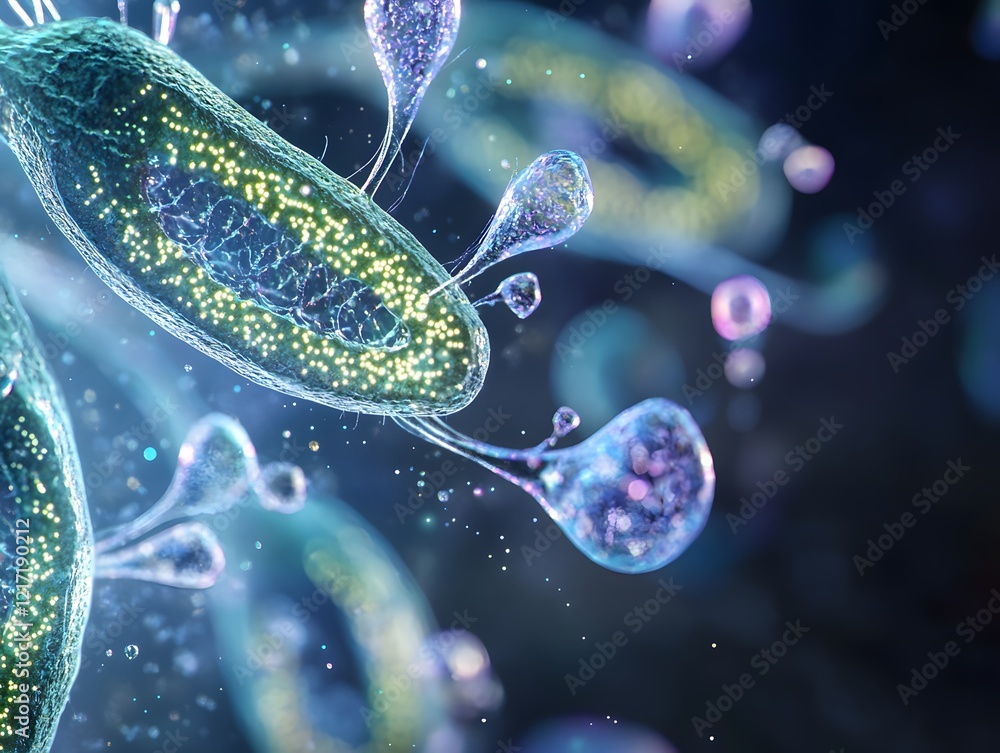 Poster Close-up View of Colorful Microorganisms with Glowing Particles Floating in an Abstract Dark Environment Representing Life at a Micro Level