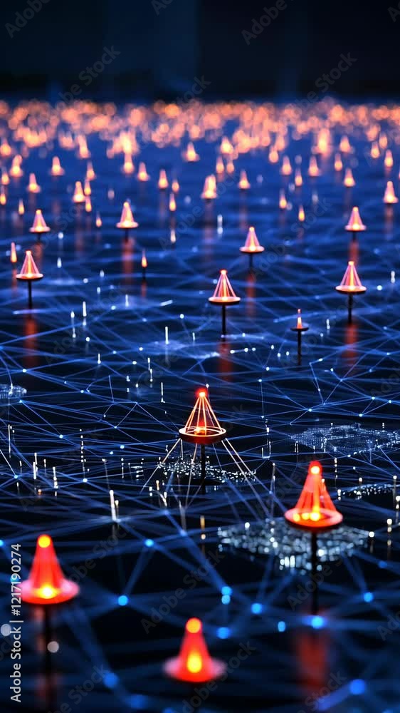 Poster digital network with glowing cone shapes representing nodes on a dark blue background during night h