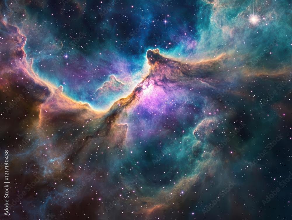 Poster ethereal cosmic nebula swirling with iridescent purples and teals, creating a dreamlike celestial fo