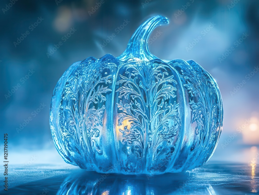 Poster ethereal crystal pumpkin with intricate frost patterns, glowing with mysterious blue light from with