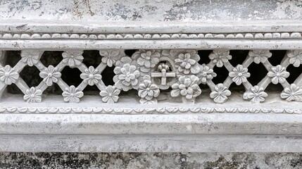 of Tibetan temple stonework, with highly detailed carvings of religious symbols and floral patterns, capturing the craftsmanship in Tibetan religious architecture. Tibetan architecture 