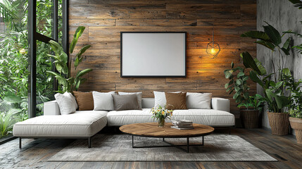 Modern Living Room Mockup: A stylish and inviting living room interior design features a cozy sectional sofa, a rustic wooden wall, lush potted plants, and a large framed mockup poster.