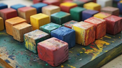 A colorful arrangement of small, rectangular wooden blocks,
