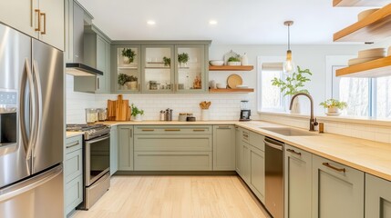 contemporary scandinavian kitchen with sage green cabinets, warm wood accents, floating shelves, and natural light streaming through minimal window