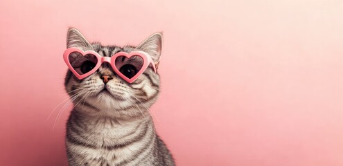 A delightful tabby cat wearing pink heart-shaped sunglasses against a soft pastel pink background. Perfect for Valentine's Day campaigns, playful pet-themed content, or festive branding