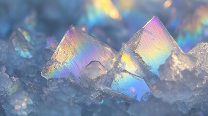 crystal ice formations capture rainbow light, creating prismatic reflections in frozen geometric patterns