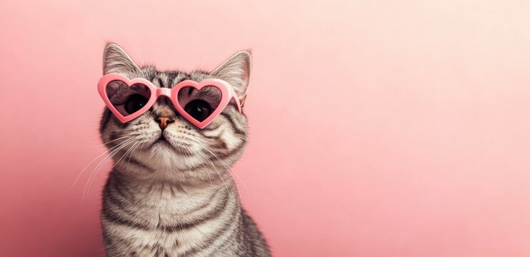 A delightful tabby cat wearing pink heart-shaped sunglasses against a soft pastel pink background. Perfect for Valentine's Day campaigns, playful pet-themed content, or festive branding