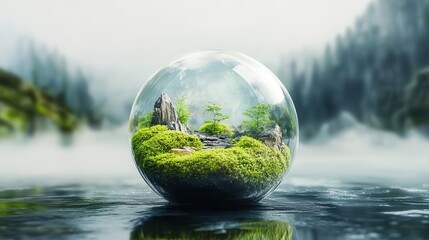 crystal terrarium with miniature ecosystem inside glass sphere, floating against misty background, ethereal lighting