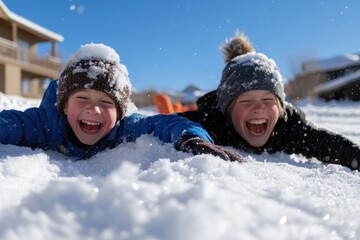This image captures two exuberant kids sliding down a snowy hill, embodying happiness and the thrill of winter play, creating an unforgettable childhood memory.