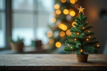 A tiny Christmas tree is placed under fairy lights on a rustic wooden table, fairy lights, table decor, winter wonderland